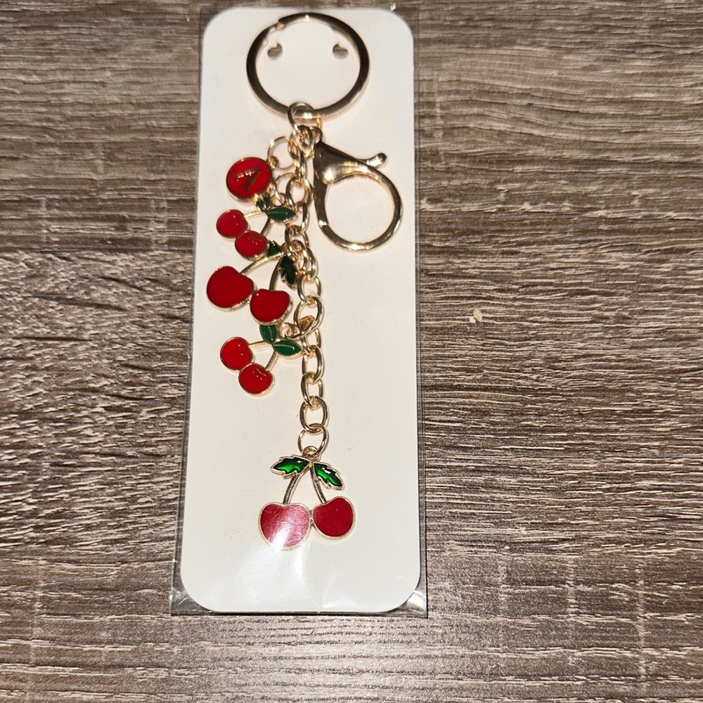 Gold-Tone Red Cherry Charm Key & Card Holder Accessory